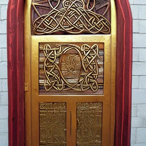 Image similar to wooden door made of gold gates nordic celtic in the top piece of a phoenix