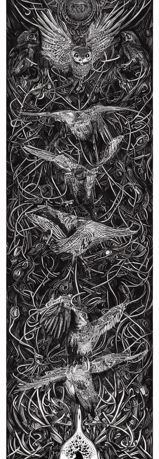 Image similar to psychedelic, monochrome artwork!!, of a single raven and deer combined, in front of an owl that is a window into the ocean, typography by hr giger and james jean and andreas rocha,