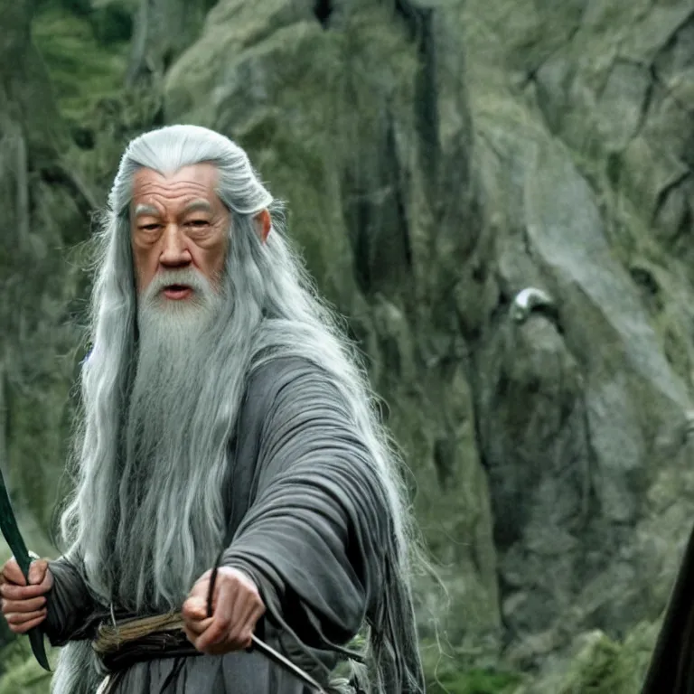 Image similar to film still of Lucy Liu as Gandalf in Lord of the Rings,