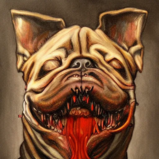 Image similar to scp horror nightmare dog, schizophrenia gothic nightmare dog with incredibly sharp teeth. highly detailed portrait, stylized oil painting, trending on artstation