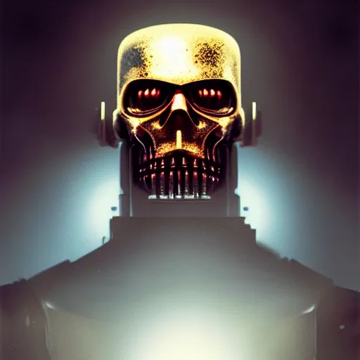 Image similar to portrait of T-800 Endoskeleton, future war, man vs machine, atmospheric lighting, painted, intricate, golden hour, ultra detailed by Leesha Hannigan, Ross Tran, Thierry Doizon, Kai Carpenter,Ignacio Fernández Ríos