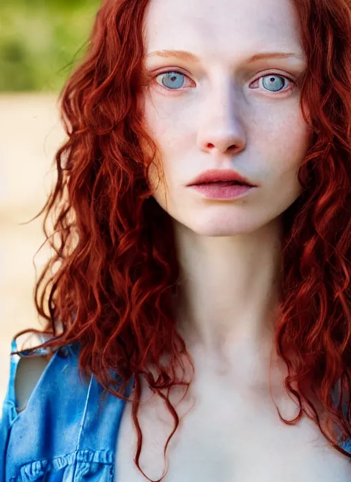 Image similar to close up portrait photograph of a thin young redhead woman with russian descent, sunbathed skin, with deep blue eyes. Wavy long maroon colored hair. she looks directly at the camera. Slightly open mouth, face takes up half of the photo. a park visible in the background. 55mm nikon. Intricate. Very detailed 8k texture. Sharp. Cinematic post-processing. Award winning portrait photography. Sharp eyes.