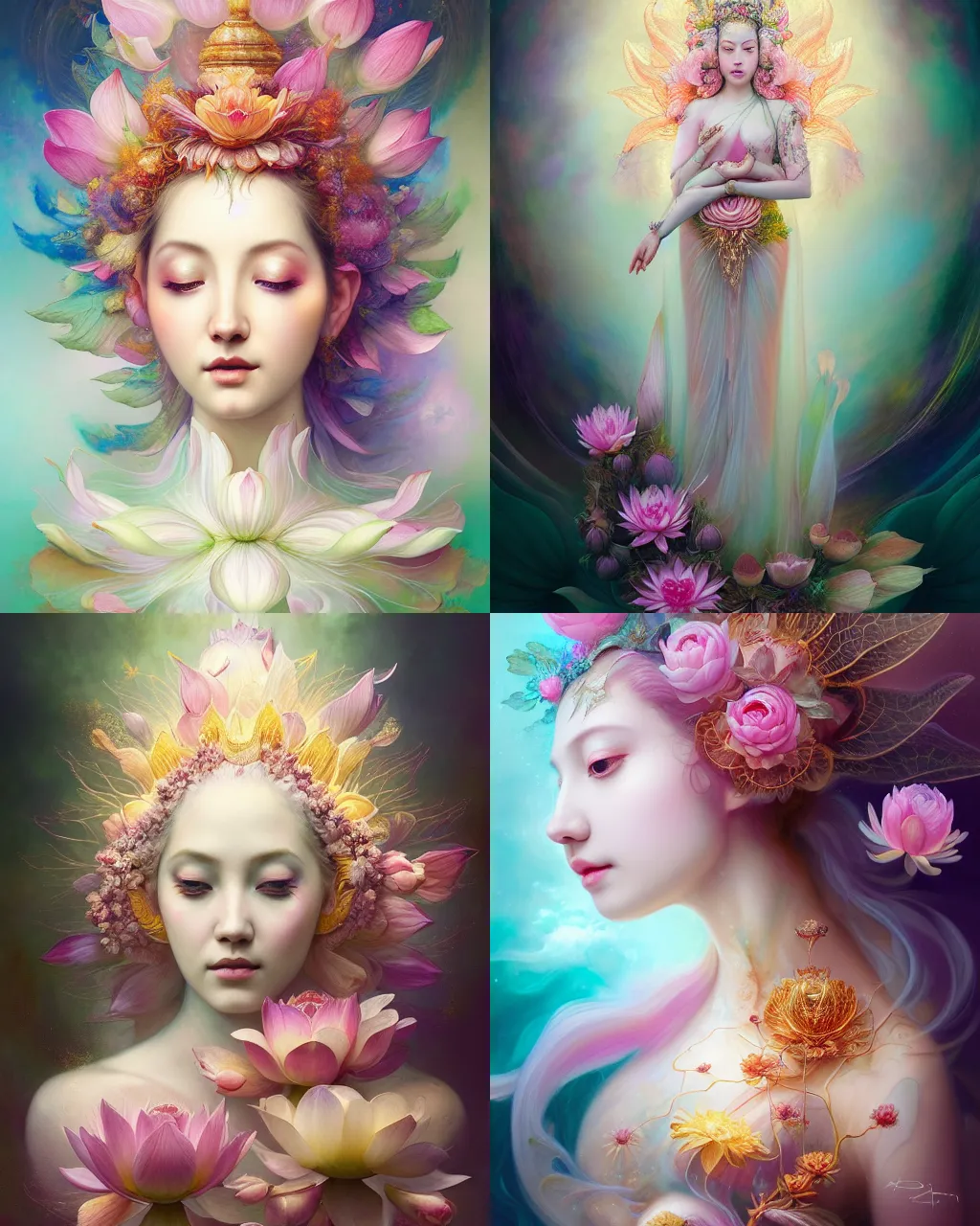 Image similar to Full View realistic Portrait ethereal lotus flower deity wearing beautiful dress, lotus flower Dryad beautiful dress, spirituality, 4k digital masterpiece by Anna Dittman and Alberto Seveso Ruan Jia, rossdraws, fantasycore, Hyperdetailed, realistic oil on linen, soft lighting, Iconography background, featured on Artstation