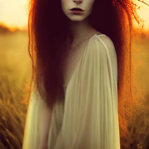 Image similar to photographic portrait of a stunningly beautiful english emo female in soft dreamy light at sunset, soft forcus, chiffon dress, contemporary fashion shoot, in a tim burton movie, by edward robert hughes, annie leibovitz and steve mccurry, david lazar, jimmy nelsson, extremely detailed, breathtaking, hyperrealistic, perfect face, octane render