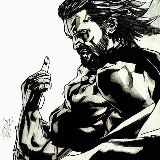 Image similar to portrait jesus in a jojo pose about to fight the final boss, illustration by yoji shinkawa