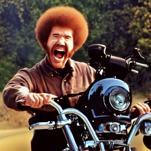 Prompt: bob ross screaming on motorcycle