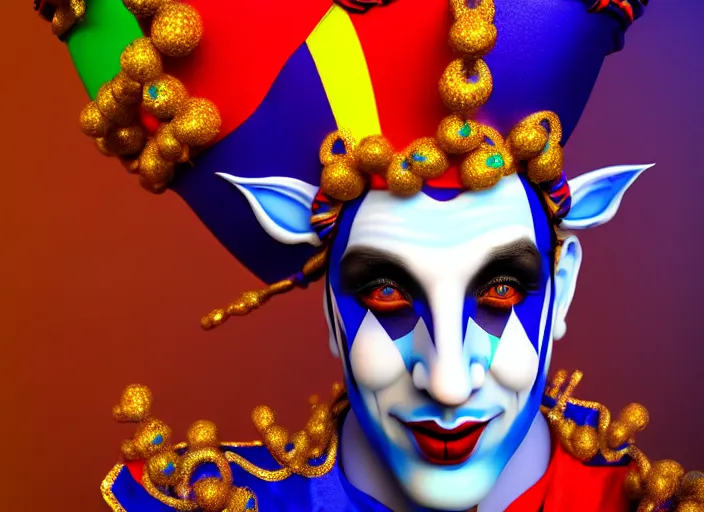 Prompt: award winning digital art of a attractive male jester wearing a traditional jester ’ s outfit, performing at a magnificent carnival with lots of colors, beautiful circus themed background, trending artstation, digital art, aesthetic, bloom, intricate, elegant, sharp focus, digital illustration, highly detailed, octane render, digital painting, concept art, witchlight carnival, masterpiece