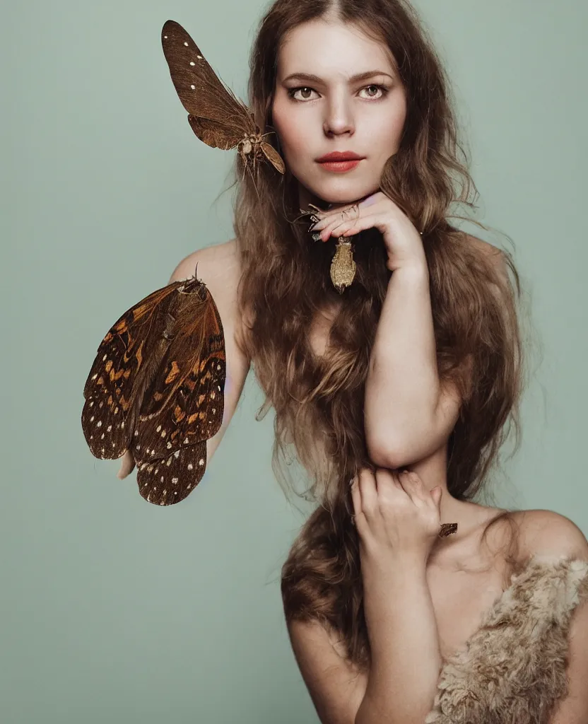 Prompt: a head and shoulders portrait of a beautiful woman with a large moth sitting on her face, by Nina Masic, by Flora Borsi, 50mm f/1.4, bokeh, kodak ektar