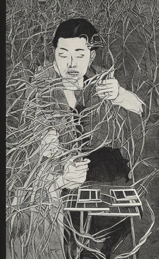 Image similar to by akio watanabe, manga art, willow plant, steel chair, portrait of male writer doing his work, bookshelf, trading card front, realistic anatomy