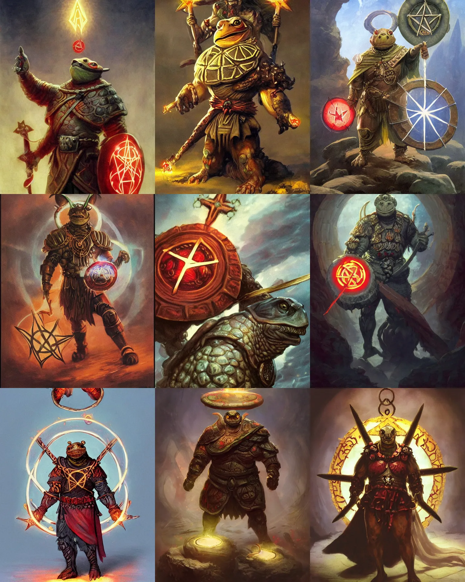 Prompt: a anthropomorphic tortoise with glowing red arcane runes painted on his shell, dressed like a cleric, holding a pentagram shield, award - winning 4 k fantasy artwork, franz frazetta