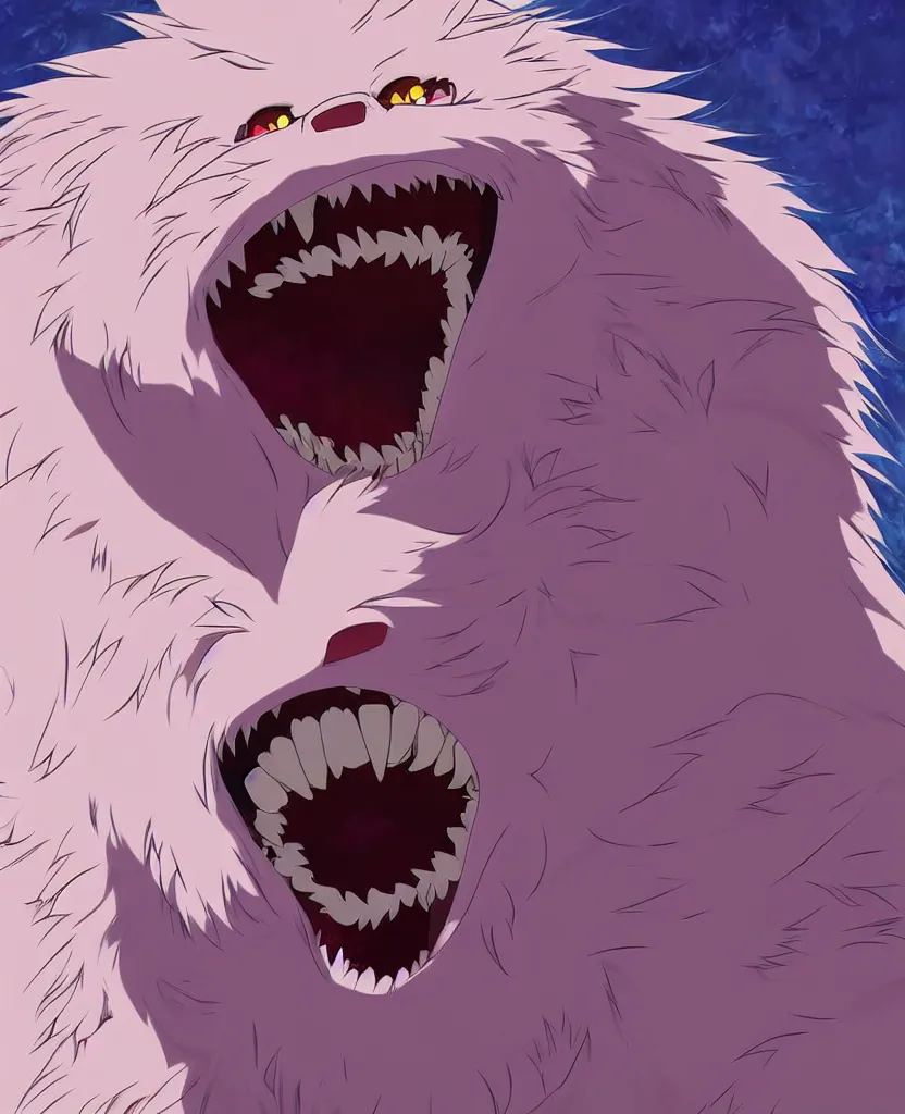 Image similar to beautiful painting from the anime film by studio ghibli, pink anthropomorphic werewolf human hybrid, drooling teeth bared, fur, trending on artstation,