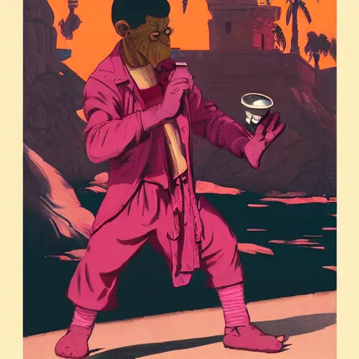 Prompt: monk fight monkey with pink gloves, retro 5 0 s style, art by by greg rutkowski and siudmak and richard corben and moebius