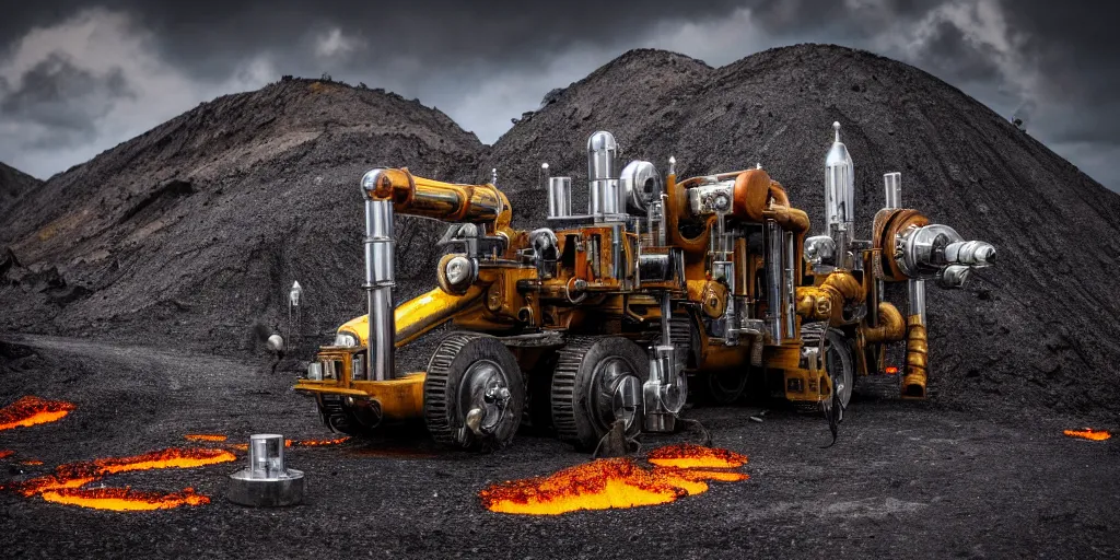 Image similar to a chrome drilling machine visiting the asphalt mines, retro - futuristic, science - fantasy, hills, abandoned, ancient tribe, deep shafts, rusted, black oil, lava, lgbt, queer, rpg, epic, dungeons & dragons, sacred, sharp focus, award - winning, extremely detailed, 4 k, 8 k