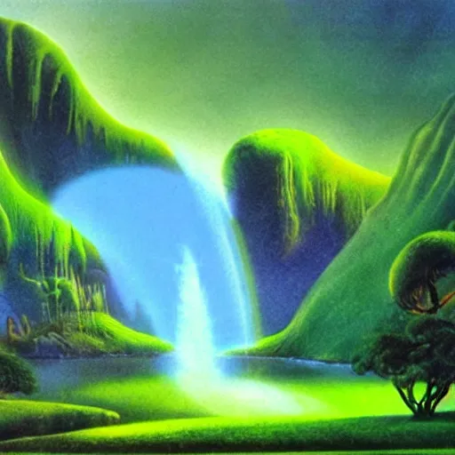 Prompt: verdant wonderland, matte painting from Fantasia (1940)