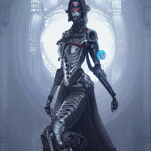 Prompt: female robots with heart organ, dressed in intricate gothic futuristic veils and jewels, epic environment, matte painting, diffused lighting, highly detailed, cinematic, epic atmosphere, digital art, trending on artstation, wide angle