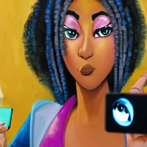 Image similar to stunning, coherent, beautiful painting, still of a beautiful black bbw woman in wal-mart taking a selfie of a creepy man is following her, 3d, in the style of pixar, comic book style, 3d, highly detailed, highly detailed, sharp focus, bokeh, depth of field, 16k resolution, Unreal Engine 5, coherent, cinematic lighting, photorealistic, by Zhang Jingna