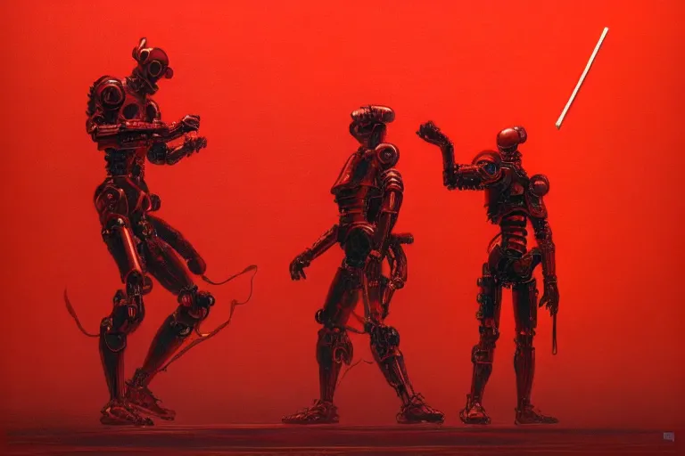 Image similar to only with red, a red cyborg samurai, tokio futuristic in background, some evil yokai fight, in the style of beksinski, parts by edward hopper, parts by rodcenko, parts by yue minjun, intricate and epic composition, red by caravaggio, insanely quality, highly detailed, masterpiece, red light, artstation, 4 k