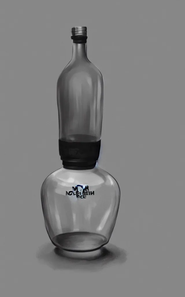 Prompt: the north face transparent bottle, round bottle, black top, filled with dense white mily liquid, concept art, matte, sharp focus, illustration, art by aenaluck, artgerm, modern