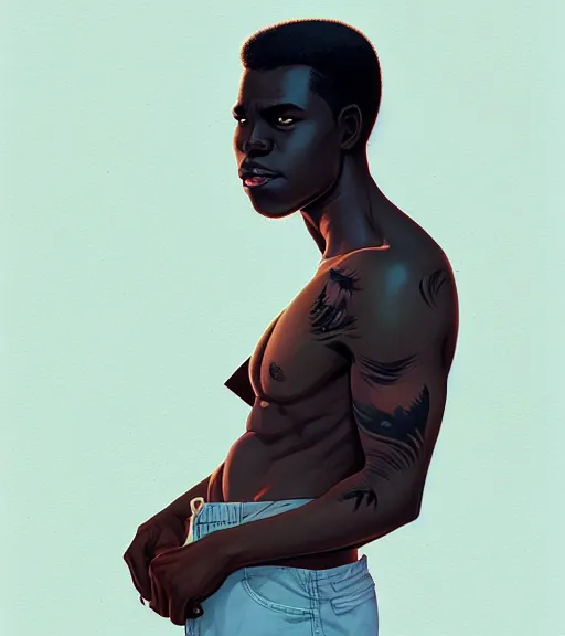 Image similar to portrait of a young man, raised on the island, dark skin, white hair, face tatooes by atey ghailan, by greg rutkowski, by greg tocchini, by james gilleard, by joe fenton, by kaethe butcher, dynamic lighting, gradient light blue, brown, blonde cream and white color scheme, grunge aesthetic