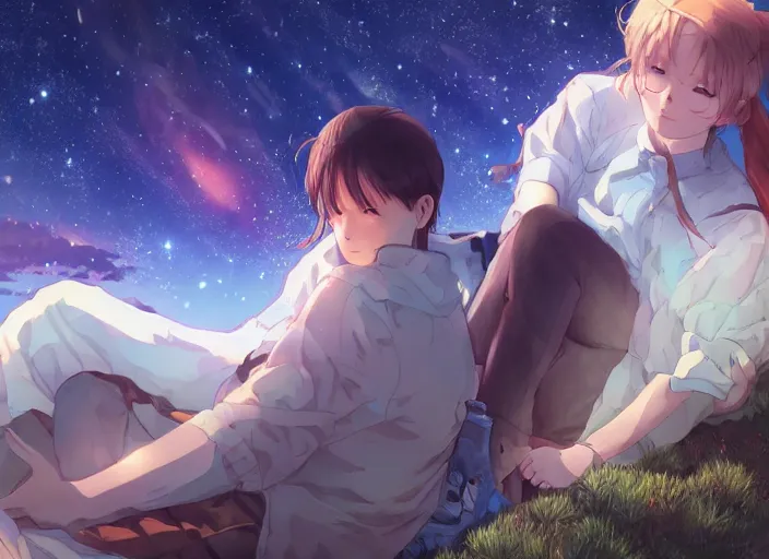 Prompt: watching the stars at night, on a mountain, laying down, by wlop, anime key visual, poster