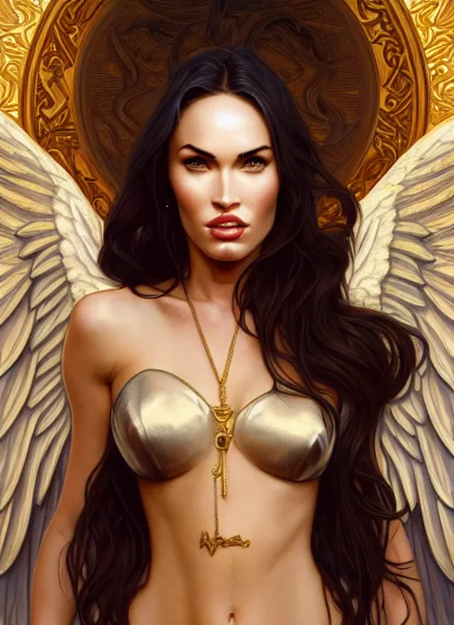 Image similar to portrait of megan fox as an blonde angel, wings, bible, greek, gold, jewelry, intricate, headshot, highly detailed, digital painting, artstation, concept art, sharp focus, cinematic lighting, illustration, art by artgerm and greg rutkowski, alphonse mucha, cgsociety