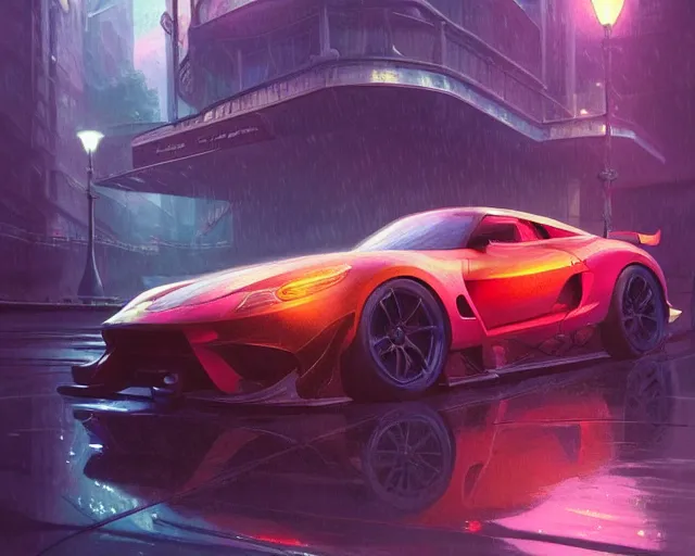 Image similar to sports car race, neon glow, heavy rain, deep focus, d & d, fantasy, intricate, elegant, highly detailed, digital painting, artstation, matte, sharp focus, illustration, hearthstone, art by artgerm and greg rutkowski and alphonse mucha