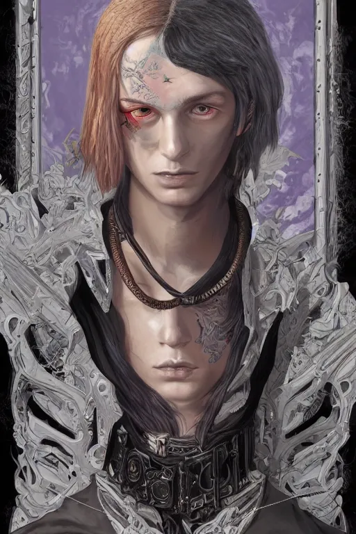 Prompt: portrait of beautiful young gothic man, warhammer, a lot of scars, readhead, the future ages, highly detailed, artstation, illustration, art by tristan eaton, 8 k quality