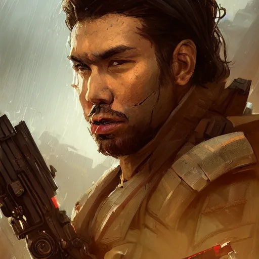 Image similar to portrait of a man by greg rutkowski, jaxon fett, samoan features, brown hair, tall and muscular, wearing a tactical gear, star wars expanded universe, highly detailed portrait, digital painting, artstation, concept art, smooth, sharp foccus ilustration, artstation hq