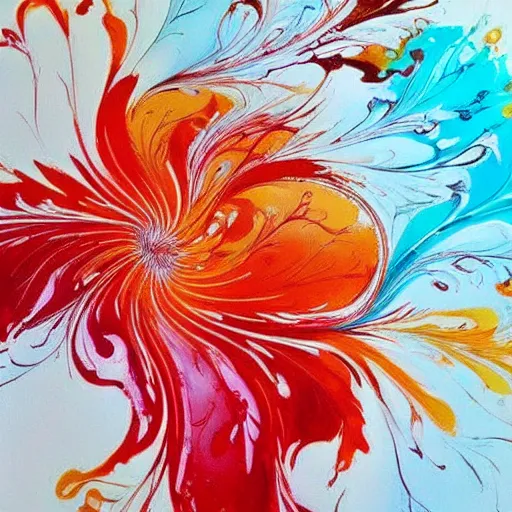 Image similar to pour paint art, marbling, orange and red color scheme, floral style