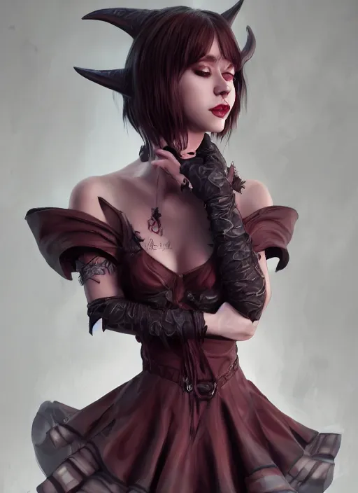 Image similar to beautiful fashion cute imp demon female strapless dress, character portrait in the style of thomas river and artgerm, wlop, cinematic lighting, hyperdetailed, 8 k realistic, symmetrical, global illumination, radiant light,, frostbite 3 engine, cryengine, dof, trending on artstation, digital art, chanel