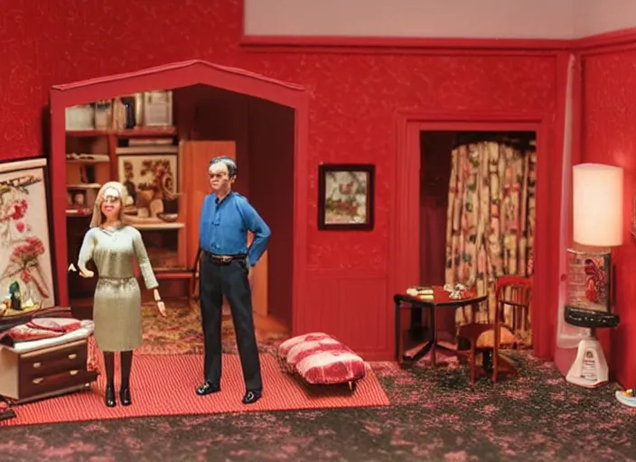 Prompt: Still frame the retro Twin Peaks, depicting the red room scene from Twin Peaks, made by doll miniatures diorama, directed by Nobuhiko Obayashi