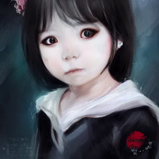 Prompt: a beautiful little girl by WLOP, pixiv, very white skin, sad black eyes, very black hair