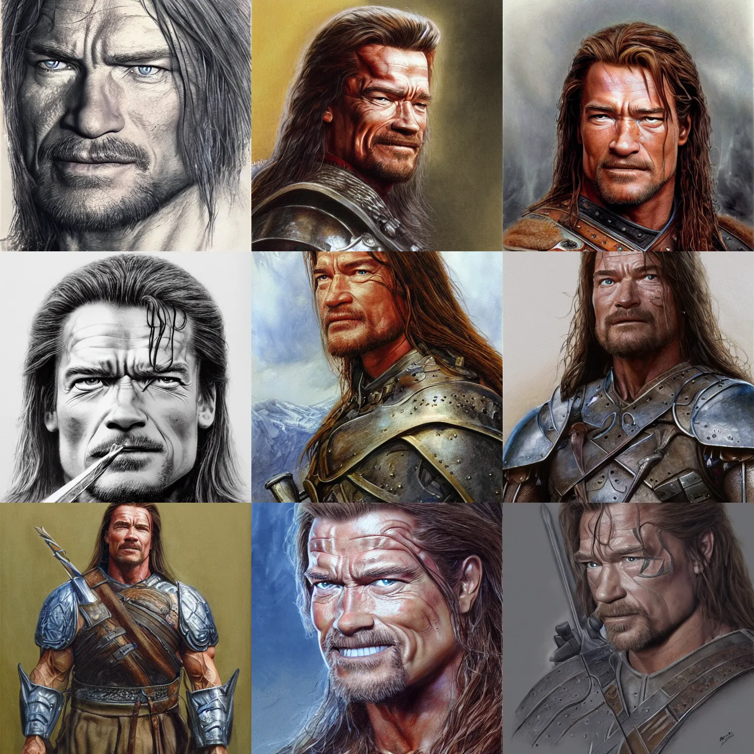 Prompt: Arnold Schwarzenegger as Boromir by Alan Lee, concept art, detailed clothing, art station, oil painting