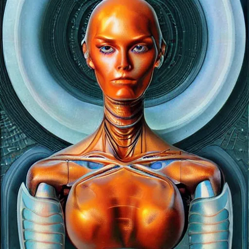 Image similar to humanoid female robot, highly detailed, expressive eyes, beautiful symmetric body, perfect proportions, highly intricate, art by boris vallejo and alex gray