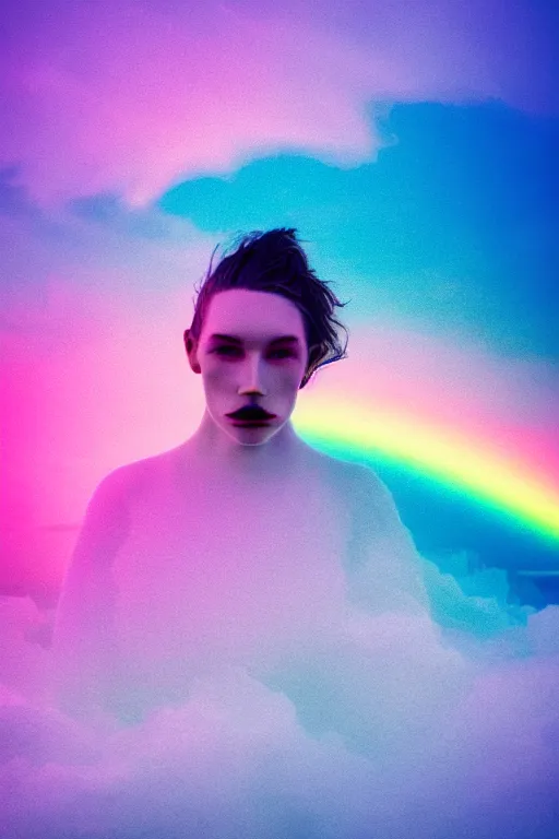 Prompt: high quality pastel coloured film close up photograph of a model in an icelandic black rock!! environment in a partially hazey dreamstate world. three point light, rainbow. photographic production. art directed. pastel colours. volumetric clouds. pastel gradient overlay. waves glitch artefacts. extreme facial silliness. 8 k. filmic.