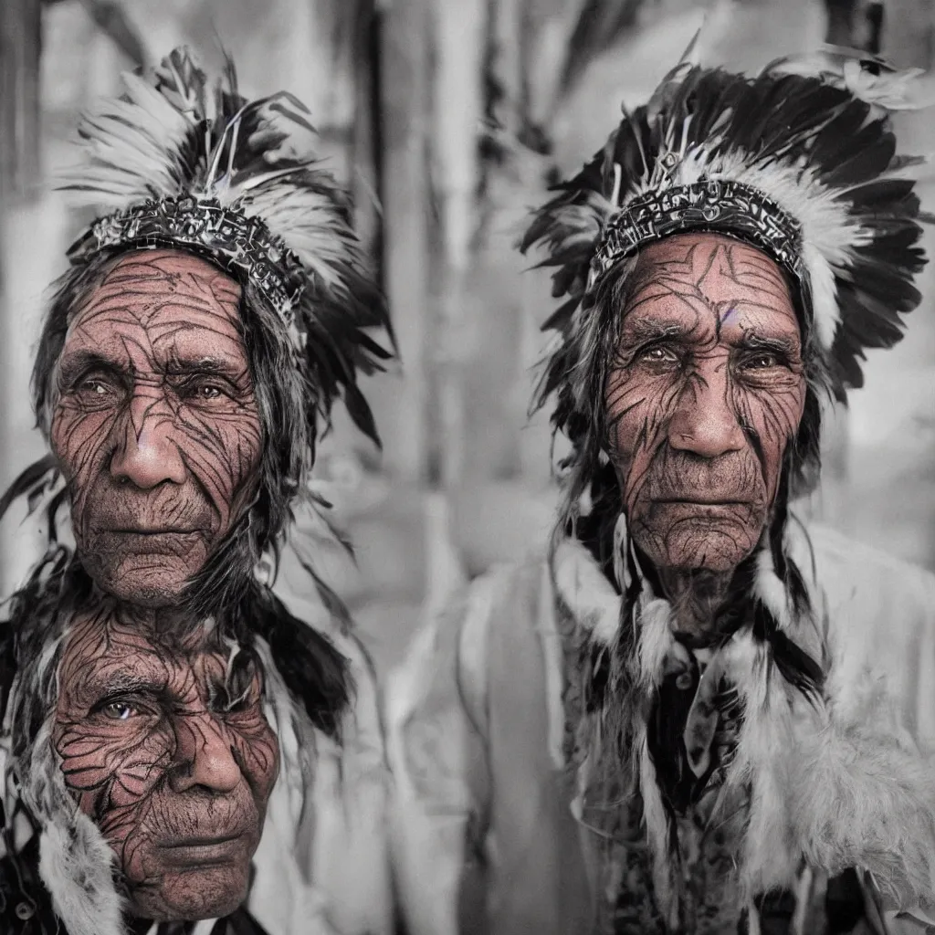 Prompt: a portrait photograph of one single old indigenous tattooed man wearing color rays helmet mask in porcelain editorial fashion photography beautiful eyes, close up shot, haute couture stares at the camera, cannon ef 1 0 5 mm in the grand budapest hotel, stars, bruce gilden