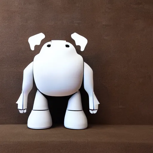 Image similar to a mechanical cow with big head and horns, minimalist style, metal, 3D art, in style of Baymax, smooth