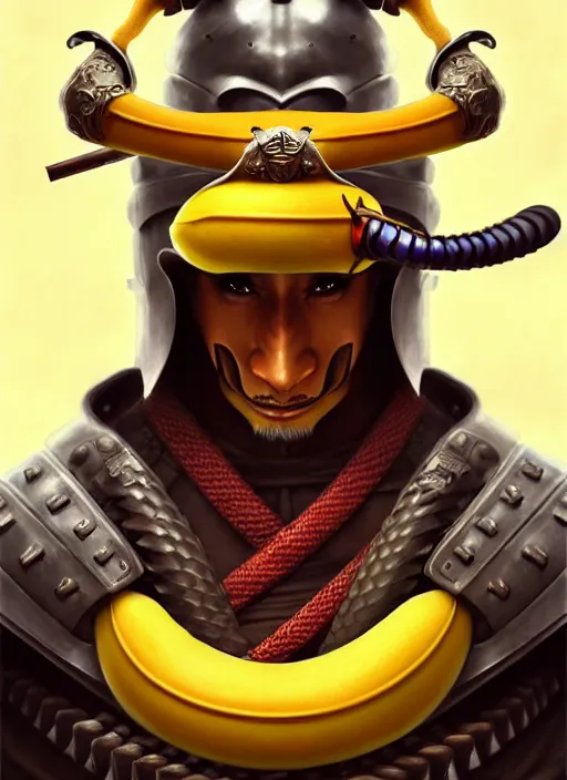 Image similar to a anthropomorphic banana wearing samurai armor, diffuse lighting, fantasy, intricate, elegant, highly detailed, lifelike, photorealistic, digital painting, artstation, illustration, concept art, smooth, sharp focus, art by frank frazetta and marco bucci and loish and rossdraws and artgerm and alphonse mucha