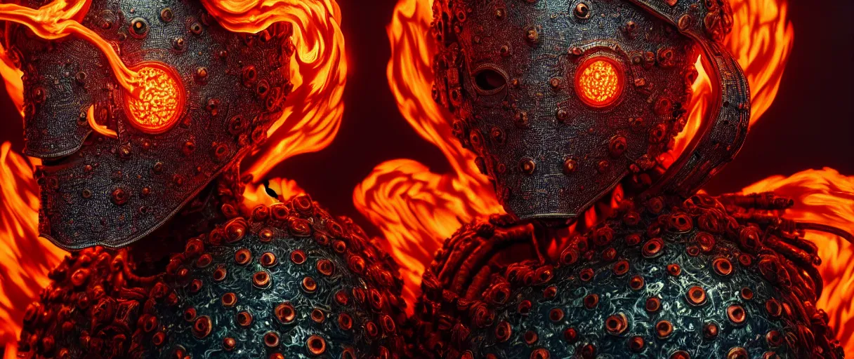 Image similar to hyperrealist highly detailed english medieval portrait of high fashion monster wearing flame fire smoke flame armor, radiating atomic neon corals, veiny network growth with neon uranium pattern, concept art pascal blanche dramatic studio lighting 8k wide angle shallow depth of field