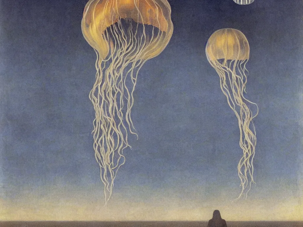 Prompt: Woman inside a jellyfish floating in the sky. Obsidian hills. Rene Magritte, Jean Delville, Max Ernst, Maria Sybilla Merian