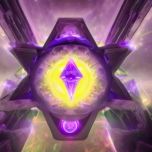 Prompt: purple powerful magic mana symbol, crystal and sci - fi structure, epic legends game icon, stylized digital illustration, radiating, a glowing aura, global illumination, ray tracing, hdr, unreal engine, octane render, trending on arstation, by ian pesty and katarzyna bek - chmiel