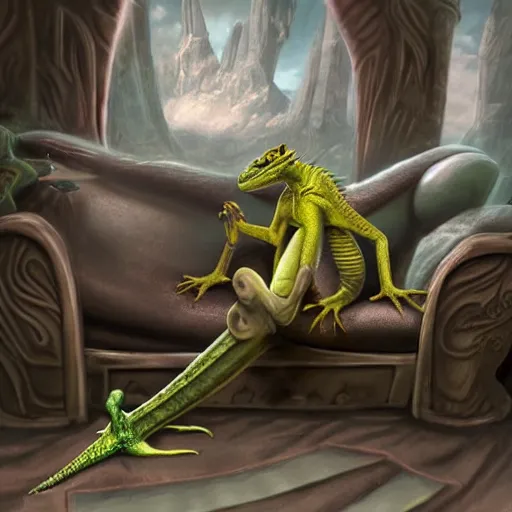 Image similar to anthro lizard with a prostetic arm sitting on a couch, fantasy art, matte painting, coherent like Dall-E 2