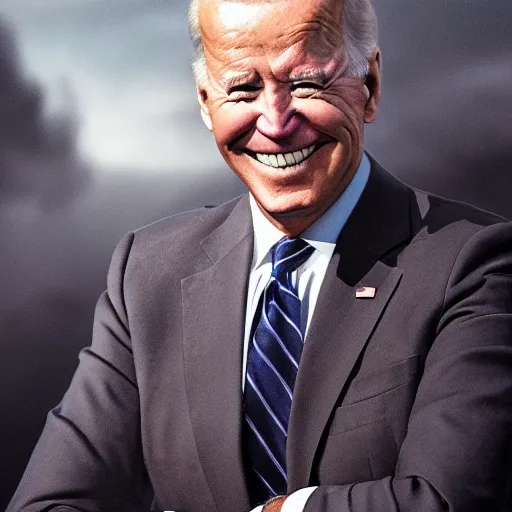 Image similar to joe biden smiling while behind him the world is burning, dramatic lighting, cinematic, establishing shot, extremly high detail, photorealistic, cinematic lighting, artstation, style by James Gurney