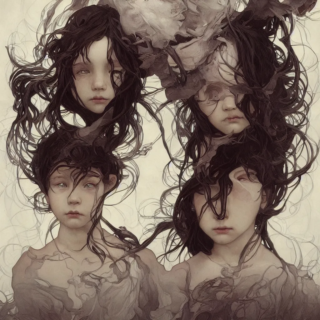 Prompt: a portrait of a child demon with dark hair!! by ross tran!!! and alphonse mucha and greg rutkowski! and gustav dore! and zdzisław beksinski!, in style of digital art illustration. symmetry. highly detailed face. fantasy, smooth, hyper detailed, sharp focus, soft light. trending on artstation.