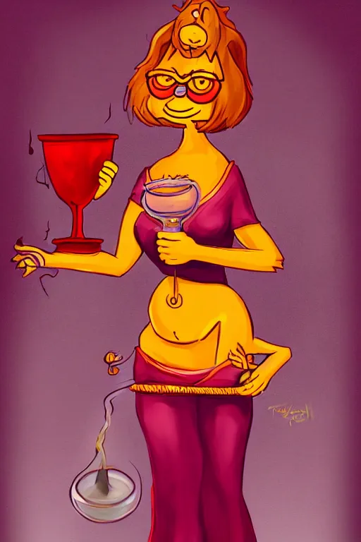 Prompt: fullbody!! personification of garfield the cat garfield goddess holding a blood chalice, stunning, professional character concept art by tatyana kupriyanova