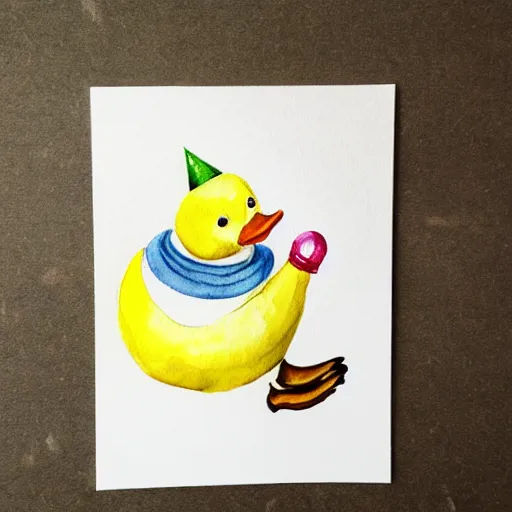 Image similar to watercolor yellow duck with party horn, cute illustration by claudia gadotti