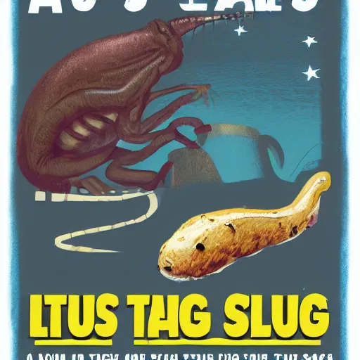 Image similar to a campaign poster that reads SLUGS TASTE LIKE THE FUTURE!, concept art