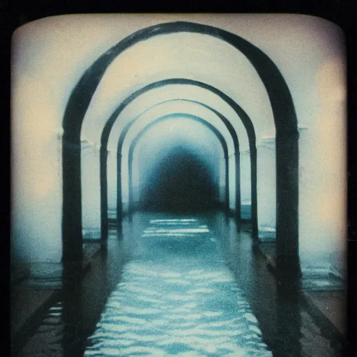 Image similar to Beautiful Fuzzy Polaroid Photograph of an tiled infinite foggy liminal pool hallway with archways and water on the floor