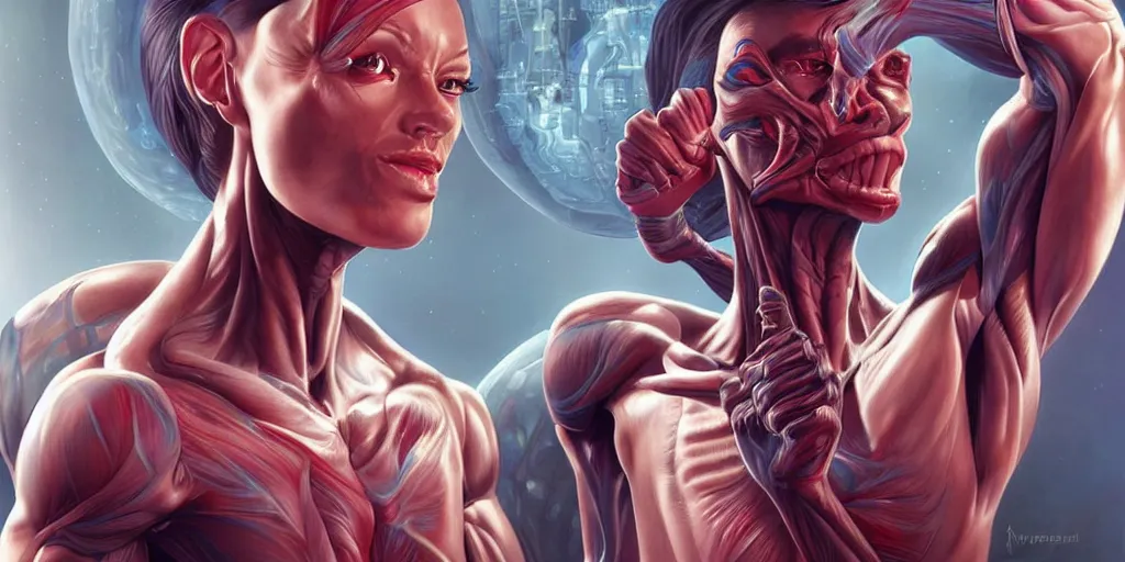 Image similar to beautiful muscular alien fitness model with 4 arms, sci - fi, portrait, digital painting, retro futurism, anatomically correct, by artgerm, ross trand and ilya kuvshinov