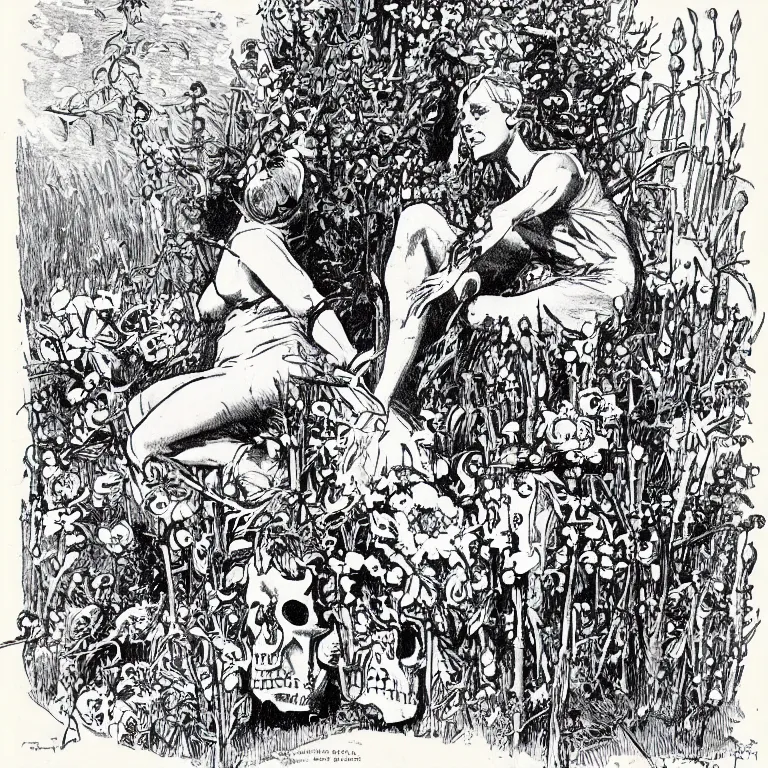 Prompt: a walther caspari illustration in lustige blatter in 1 8 9 9 of a ( young goddess, sitting on a conical!!!! pile! of small skulls ) with huge flowers on tall stalks behind her, black and white pen an ink drawing